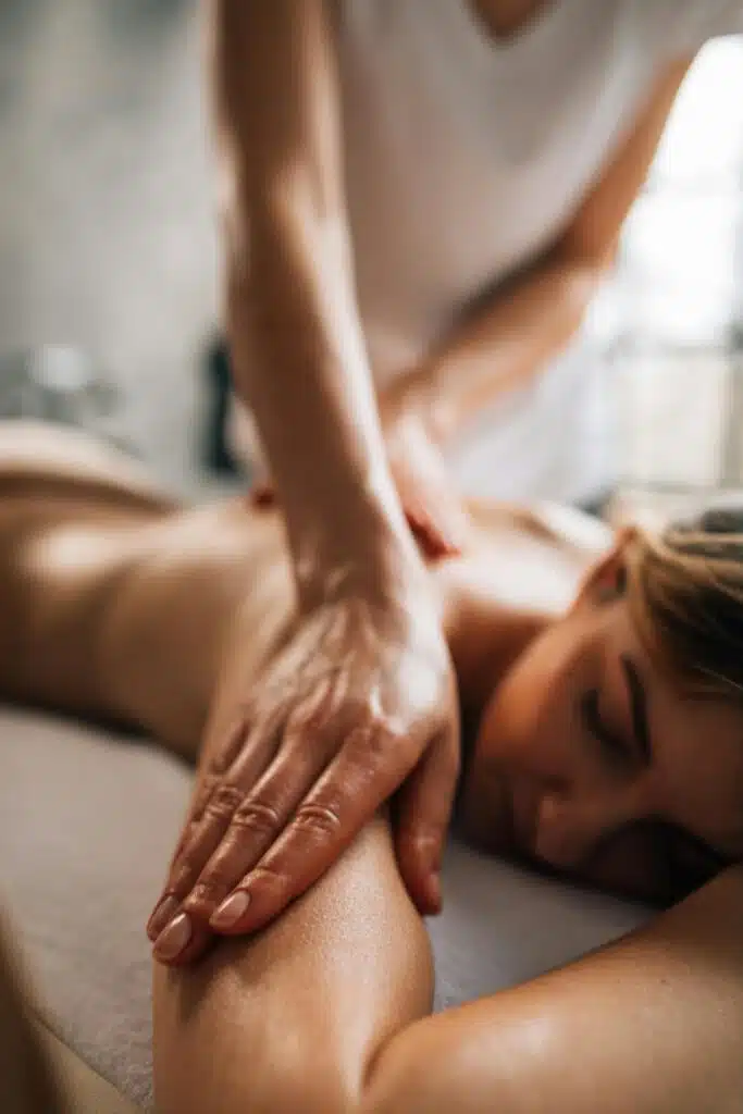 Femme allongée sur le vente en train de se faire masser le corps et les bras par une masseuse professionnelle.